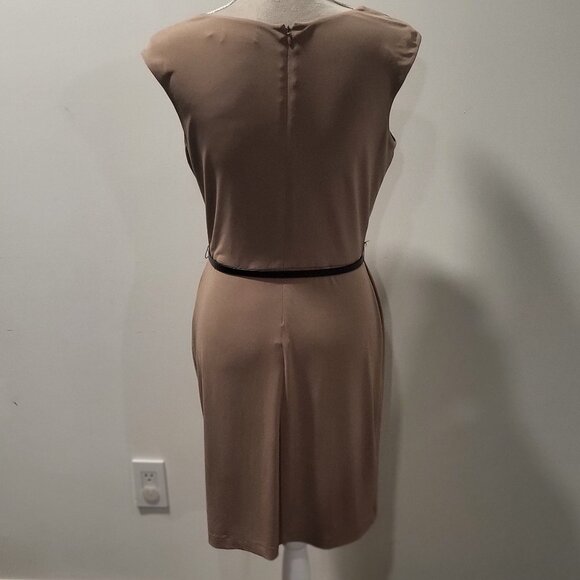 Calvin Klein Size 4 Tan Sleeveless, Belted Dress, Cowl Neck - Picture 4 of 7
